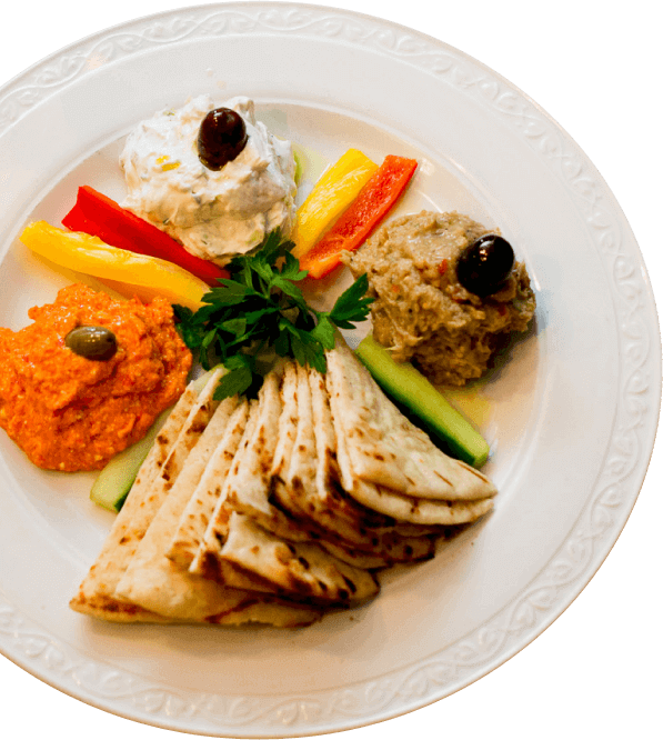 3 types of hummus with pita bread & vegetables hummus appetizer